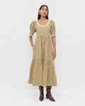 Gillian Puff-Sleeve Dress in brown butter plaid linen and Indy Espresso Leather Tall Boot.