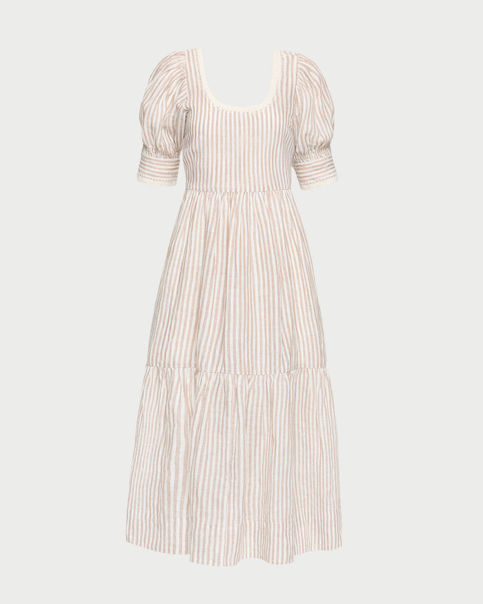 Gillian Sleeve Dress in brown and cream linen.