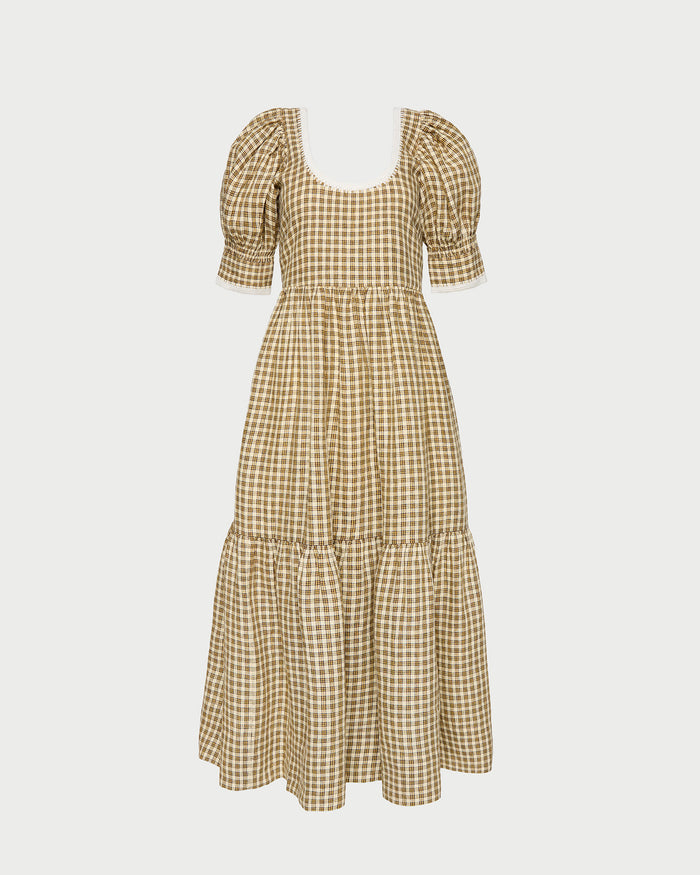 Gillian Puff-Sleeve Dress in brown butter plaid linen.