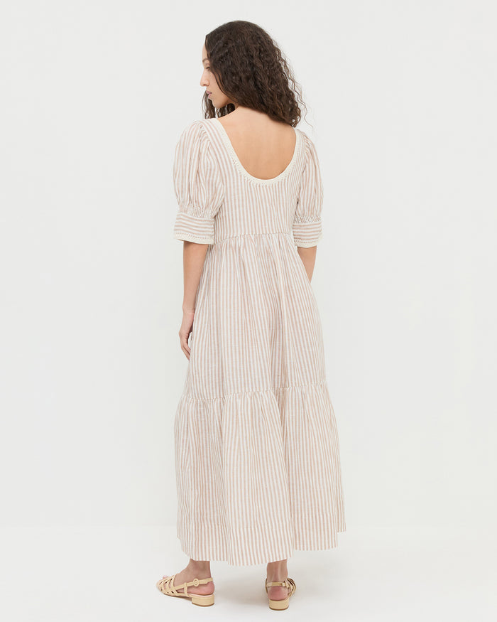 Gillian Sleeve Dress in brown and cream linen and Shelly Bisque Leather Flat Sandal.