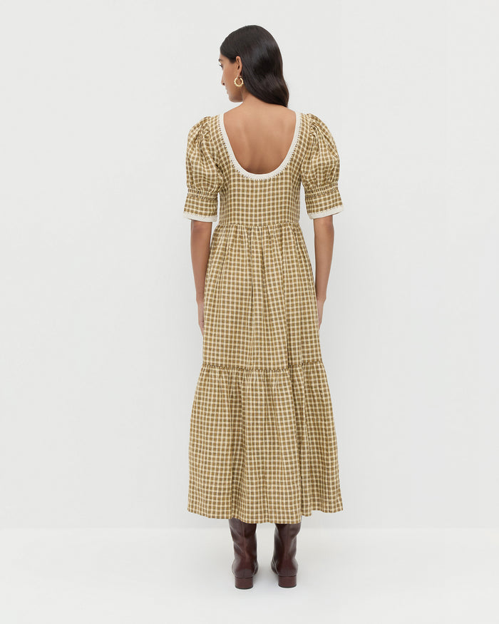 Gillian Puff-Sleeve Dress in brown butter plaid linen and Indy Espresso Leather Tall Boot.