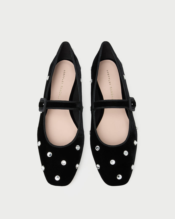 Ginger Black/Crystal Velvet Mary Jane in black velvet with crystal accents.