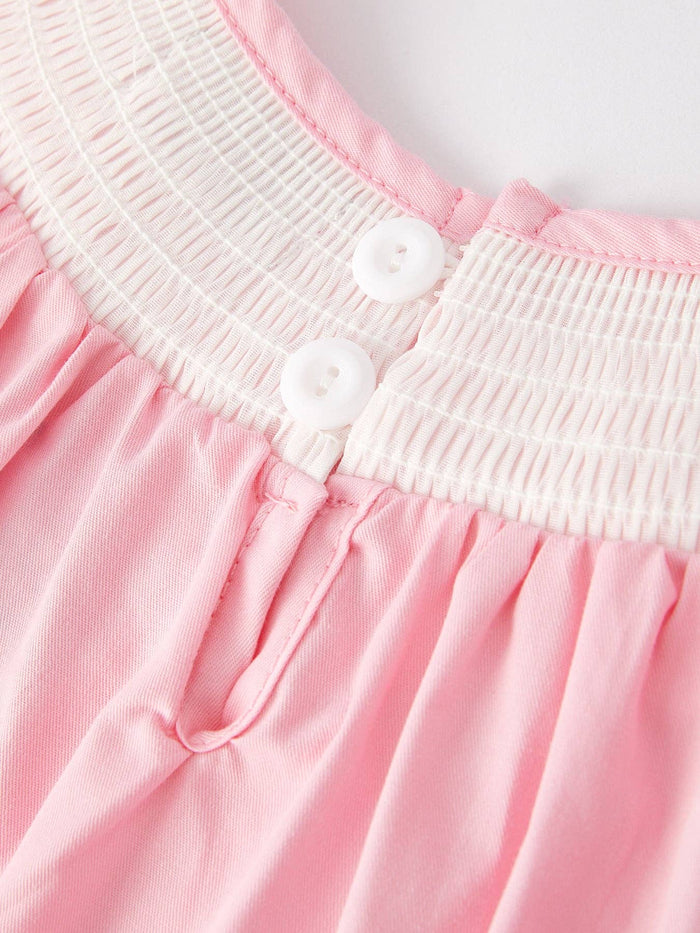 Girls Easter Bunny Smocking Embroidered Lace Cuff Pink Dress