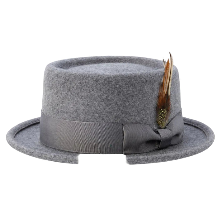 Gray pork pie felt fedora with feather accents