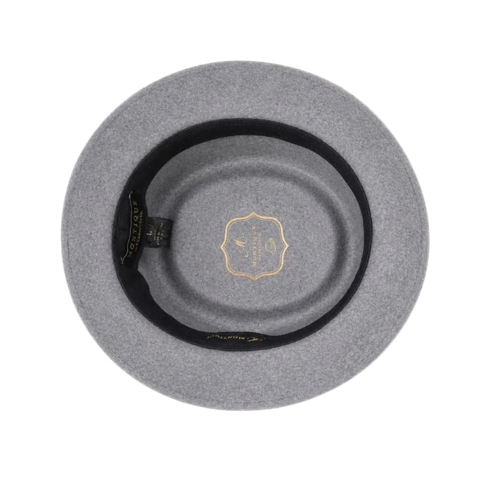 Top view of gray pork pie felt fedora interior