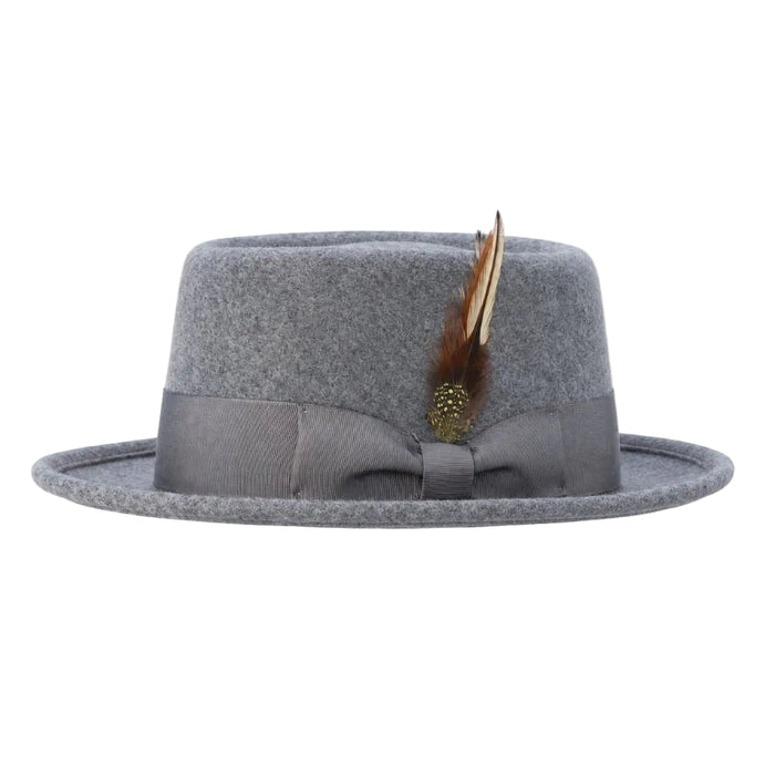 Gray pork pie felt fedora with ribbon band bow and feather accents