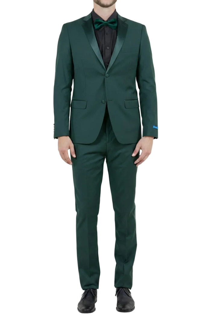 Green hybrid fit 2 piece men's tuxedo with satin notch lapel
