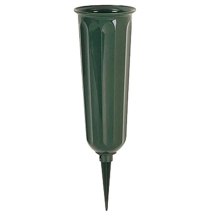 Green fluted plastic cemetery  cone vases used in funeral service operations, from lynch supply