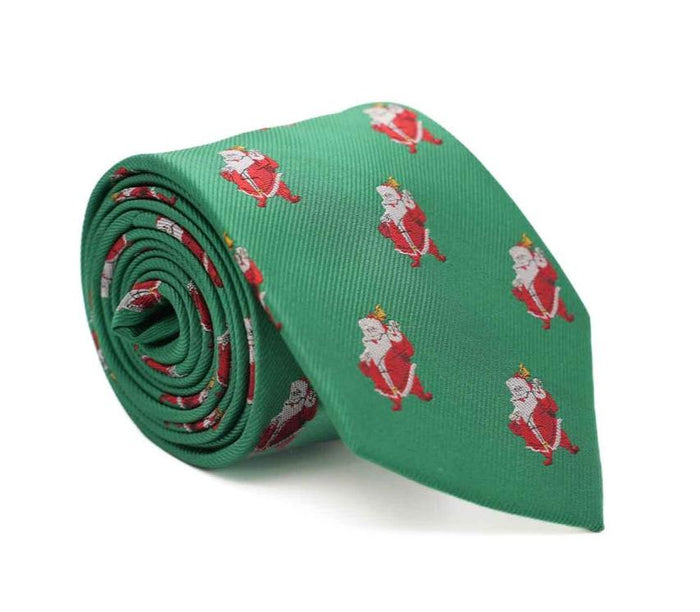Green men's holiday necktie with festive Santa Claus pattern