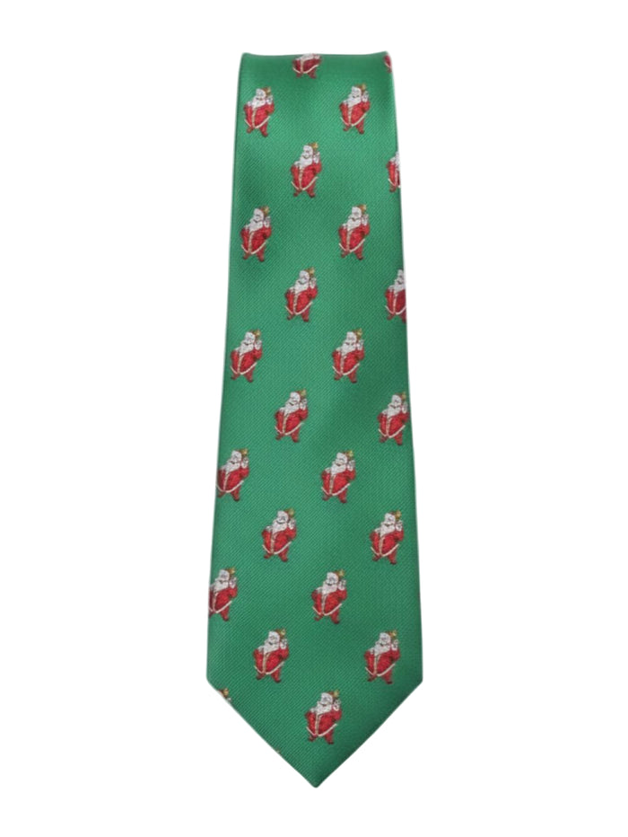 Green men's holiday necktie with festive Santa Claus pattern