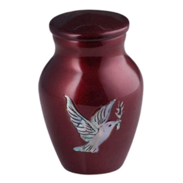 Handcrafted burgundy keepsake urn with mother of pearl dove inlay cremation supplies and equipment product