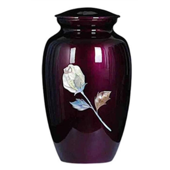 Handcrafted purple urn with mother of pearl rose inlay keepsake cremation supplies and equipment product