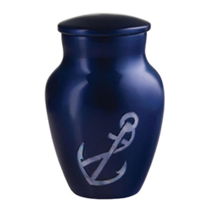 Handcrafted urn-blue with mother of pearl anchor inlay keepsake cremation supplies and equipment product