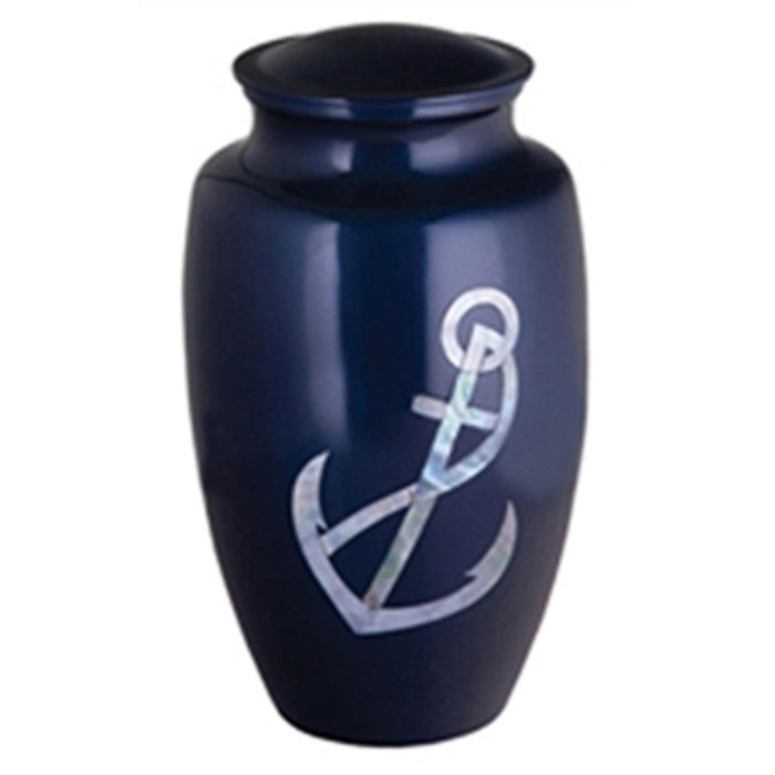 Handcrafted urn-blue with mother of pearl anchor inlay cremation supplies and equipment product