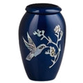 Handcrafted urn-blue with mother of pearl hummingbird inlay keepsake cremation supplies and equipment product