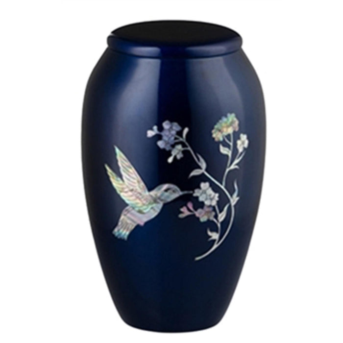 Handcrafted urn-blue with mother of pearl hummingbird inlay cremation supplies and equipment product