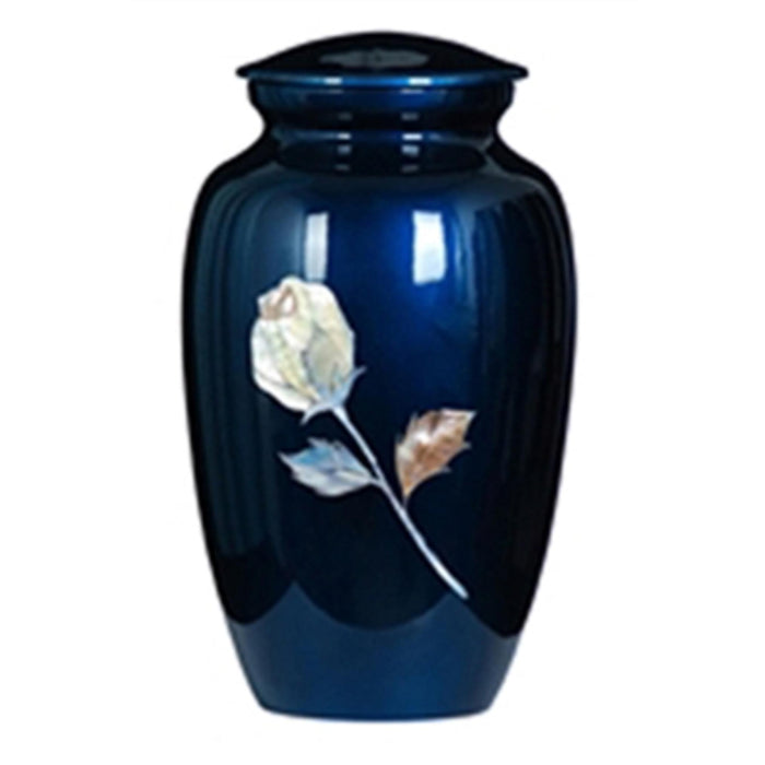 Handcrafted urn-blue with mother of pearl rose inlay cremation supplies and equipment product