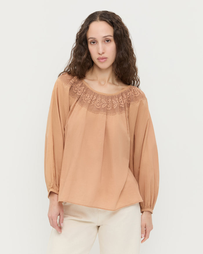 Hattie Top in light brown cotton and Winona Denim Pant in natural denim.