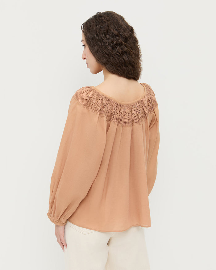 Hattie Top in light brown cotton and Winona Denim Pant in natural denim.
