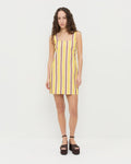 Havi Mini Dress in yellow and brown striped cotton-linen fabric and Channing Brown Suede Platform Sandal.