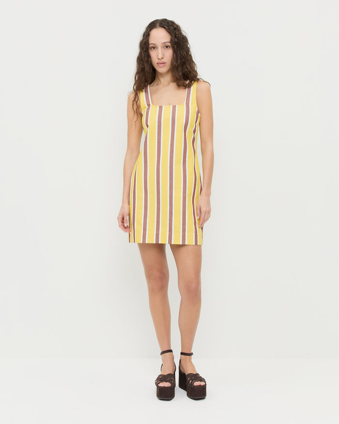 Havi Mini Dress in yellow and brown striped cotton-linen fabric and Channing Brown Suede Platform Sandal.