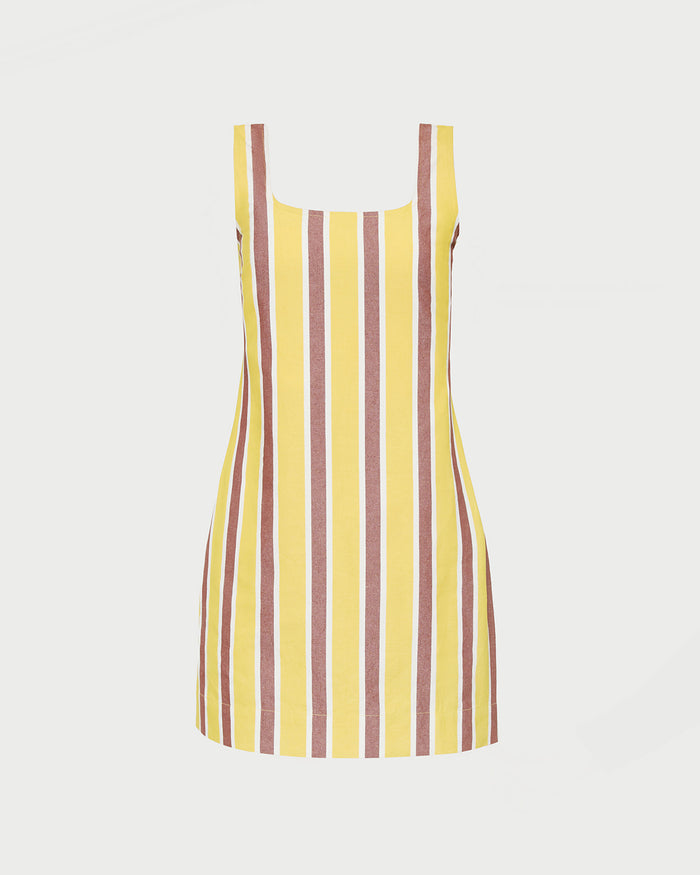 Havi Mini Dress in yellow and brown striped cotton-linen fabric.