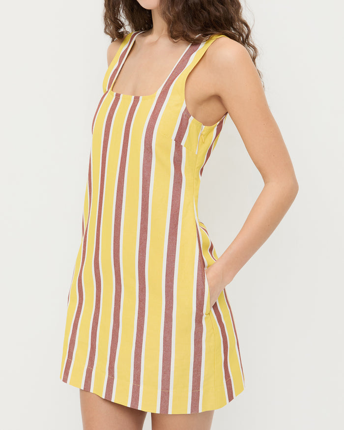 Havi Mini Dress in yellow and brown striped cotton-linen fabric.