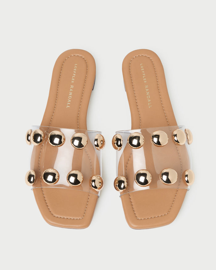 Hayes Studded Sandal in Dune/Champagne leather.