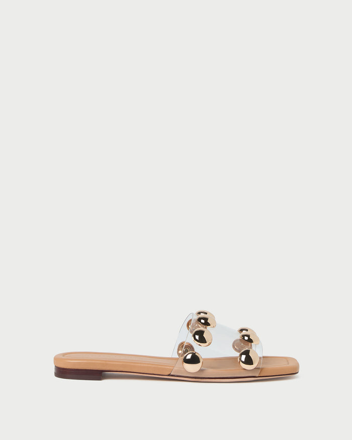 Hayes Studded Sandal in Dune/Champagne leather.