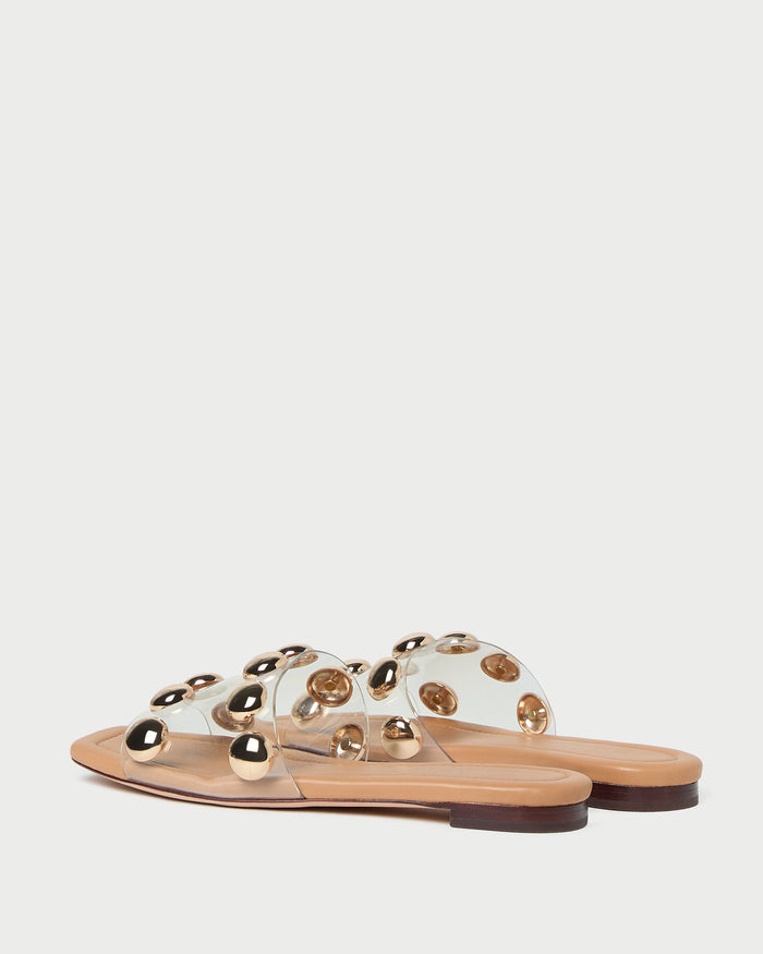 Hayes Studded Sandal in Dune/Champagne leather.