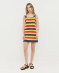 Helena Crochet Dress in yellow, red, and navy striped hand-crocheted cotton and Arlo Maroon/Yellow Sport Sandal