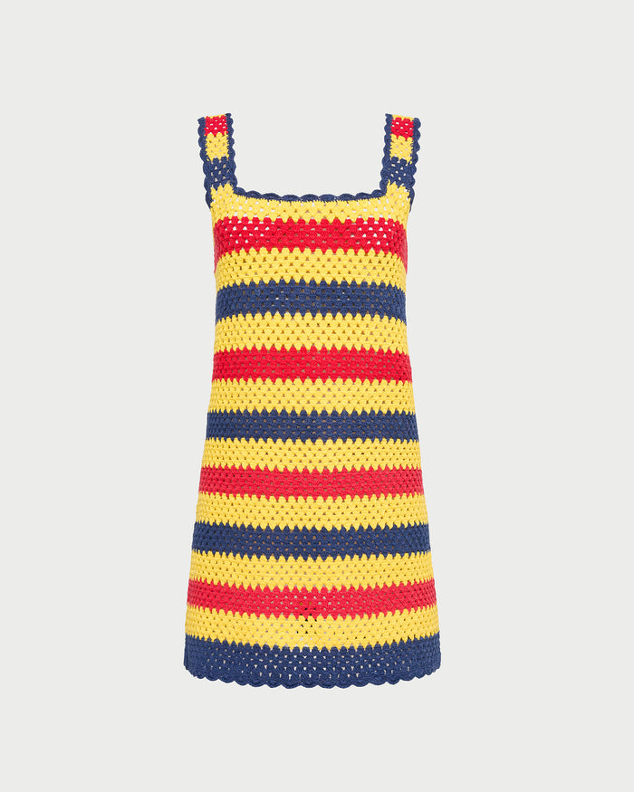 Helena Crochet Dress in yellow, red, and navy striped hand-crocheted cotton.