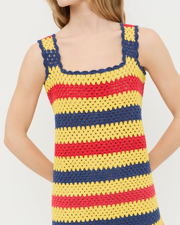 Helena Crochet Dress in yellow, red, and navy striped hand-crocheted cotton