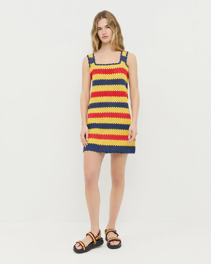 Helena Crochet Dress in yellow, red, and navy striped hand-crocheted cotton and Arlo Maroon/Yellow Sport Sandal