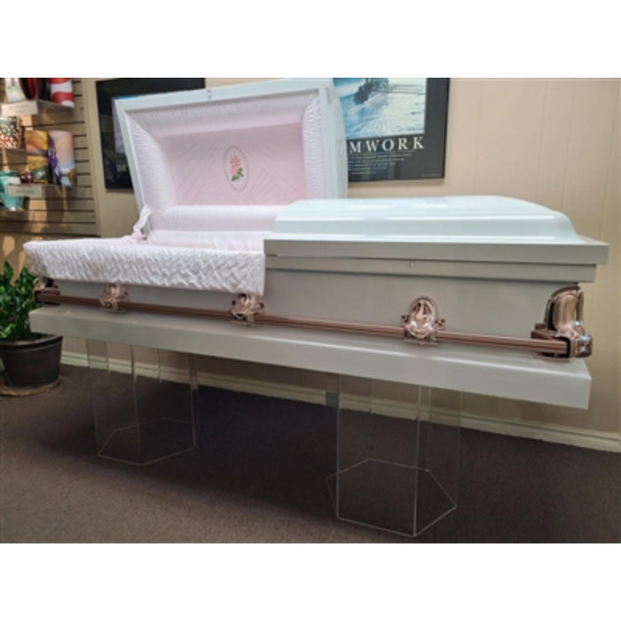 Hexagon acrylic casket display stands used in funeral service operations, from lynch supply