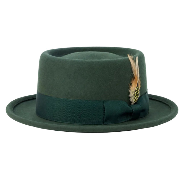 Hunter green pork pie felt fedora with feather accents
