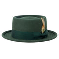 Hunter green pork pie felt fedora with feather accents