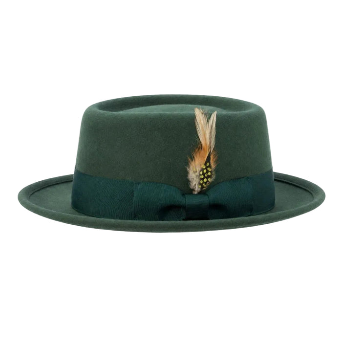 Hunter green pork pie felt fedora with ribbon band and feather accents