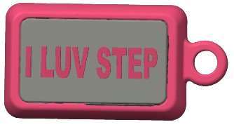 A pink rectangular keychain or tag with a gray center panel and the words 'I LUV STEP' in pink raised lettering, shown on a plain white background.