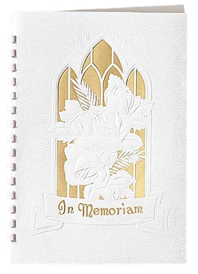 In memoriam memorial register book used in funeral service operations, from lynch supply