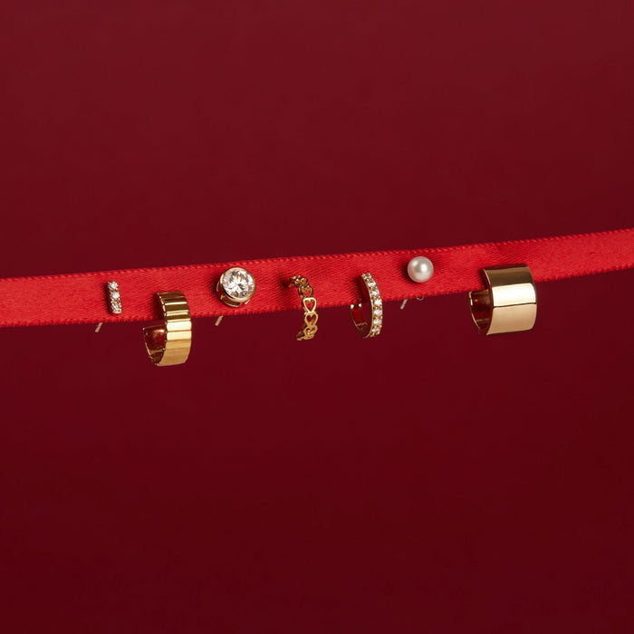 Flatlay Model. Close up of various earrings on red background