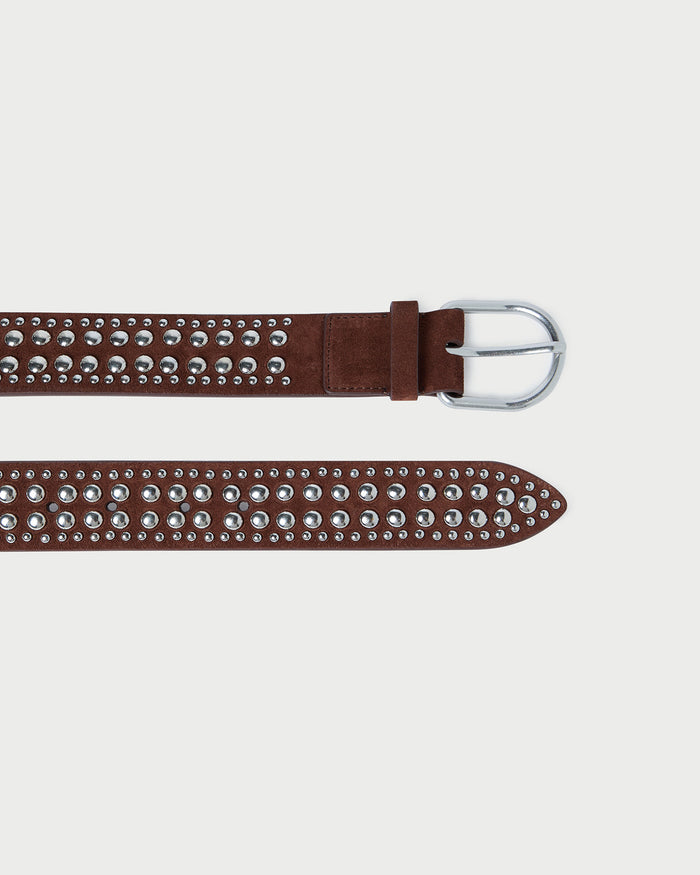 Isaac Espresso/Silver Studded Belt in espresso brown leather with silver studs.