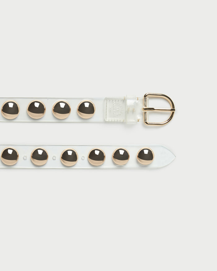 Issa Clear/Champagne Studded Belt in clear plastic with champagne stud accents.