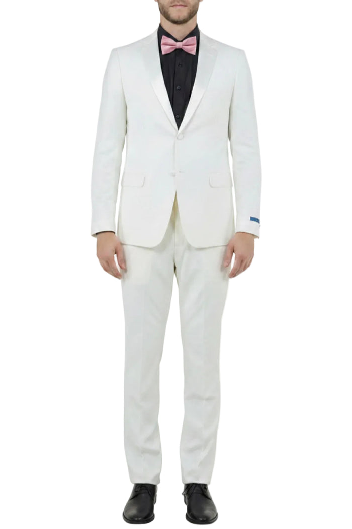 Ivory hybrid fit 2 piece men's tuxedo with satin notch lapel