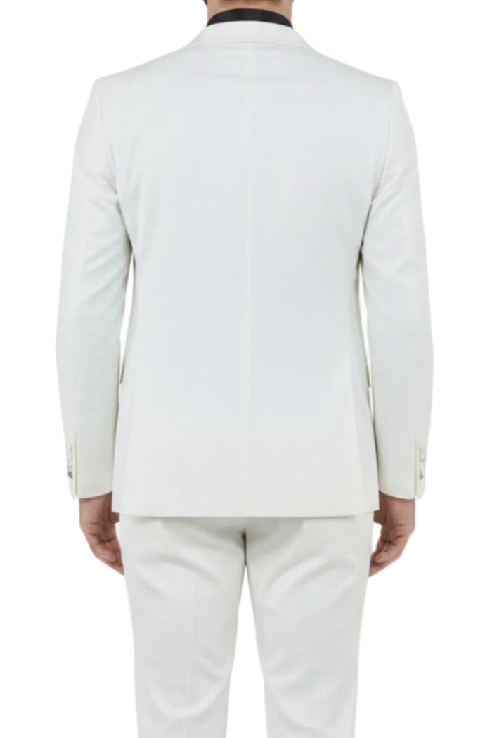 Light gray suit jacket and pants on a white background