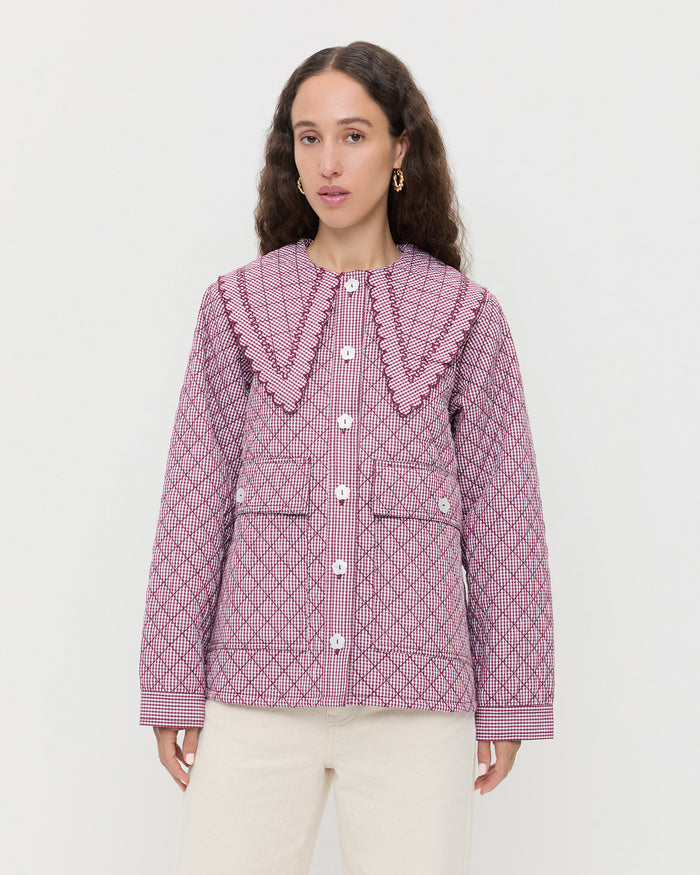 James Quilted Jacket in maroon gingham quilted cotton and Winona Denim Barrel Pant in natural.