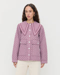 James Quilted Jacket in maroon gingham quilted cotton and Winona Denim Barrel Pant in natural.