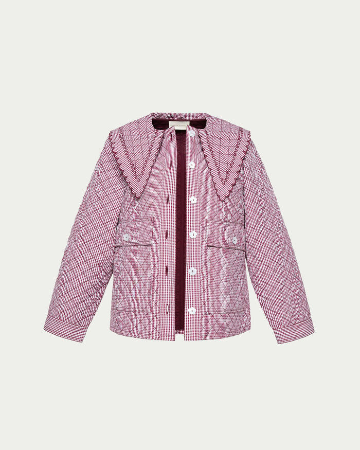 James Quilted Jacket in maroon gingham quilted cotton.