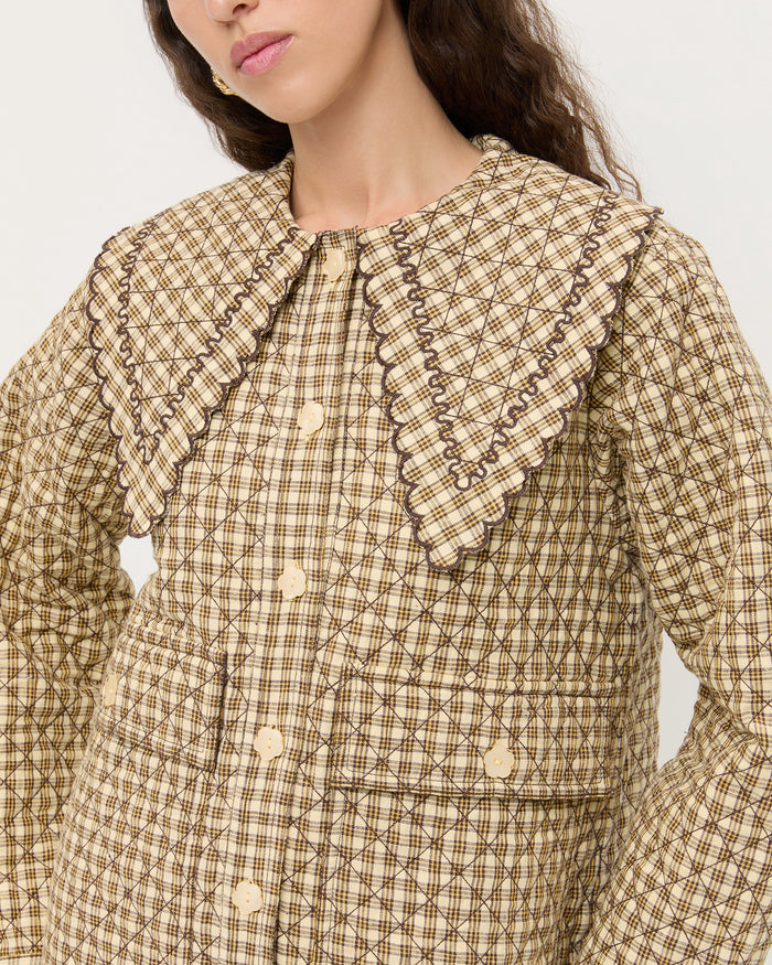 James Quilted Jacket in brown butter plaid cotton.