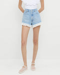 Kay Lace-Trimmed Denim Shorts in light blue denim and Rita White Netted Mary Jane.